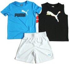 Puma Boys Size 4 3-Pc Jersey SS Tee/Interlock Muscle Shorts Set Cyan Blue/Black