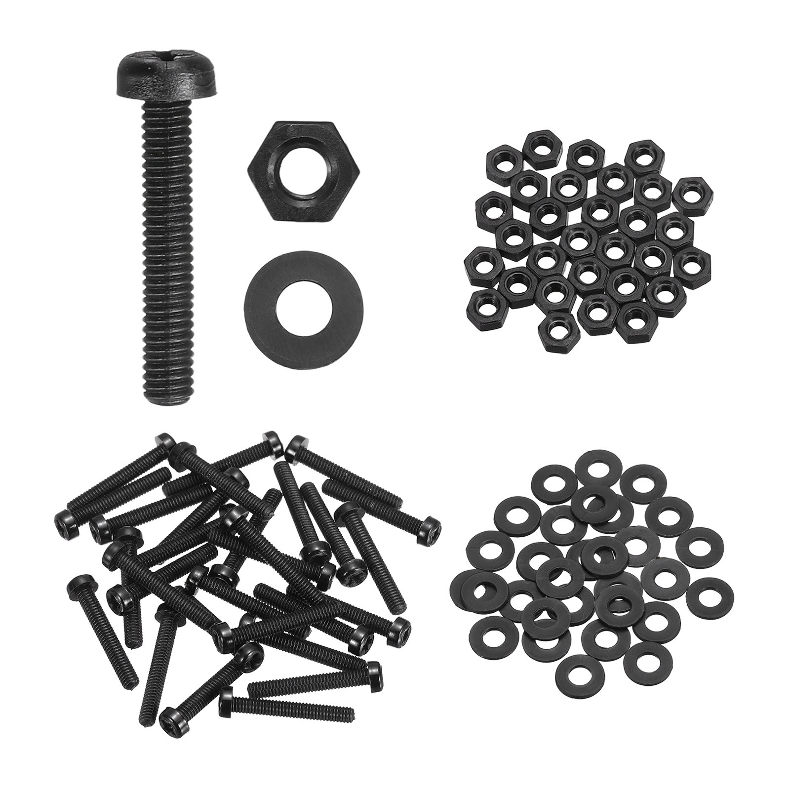 Juego de 30 pernos de cabeza redonda de nailon M2,5x15 mm tuercas hexagonales arandela kit combinado, negro