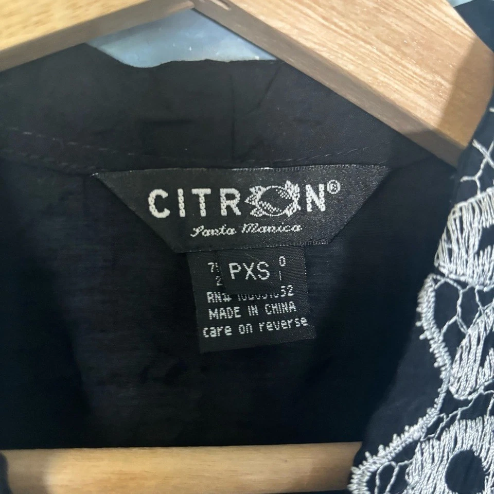 Citron Black Bamboo Button Up Blouse with White Embroidery XS Petite Boho Coast - Image 3 of 4
