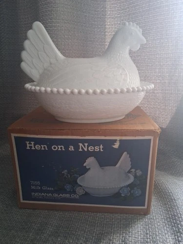 Vintage Indiana White Milk Glass Hen on Nest Covered Dish 7155 Indiana Glass Co.