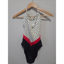 Vintage Sirena Halter One Piece Swimsuit Size 12 Red Black White Geometric Print