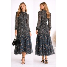 Melloday Floral Maxi Dress Womens Medium Blue Mixed Print Ruffle Boho Whimsigoth