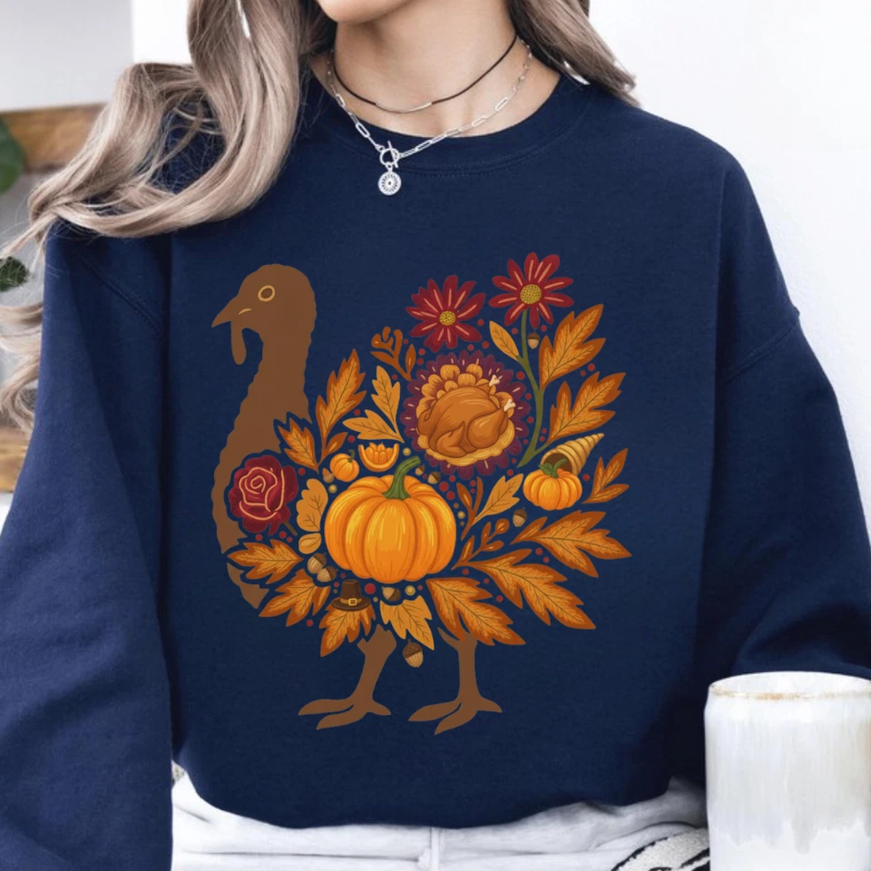 Thanksgiving Turkey Shirt Women Fall Pumpkin Floral T-Shirt Sweatshirt Cotton - Image 3 of 4
