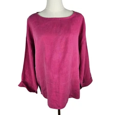 Bryn Walker Linen Tunic Top Size Medium Fuchsia Pink Long Sleeve Lagenlook Boxy