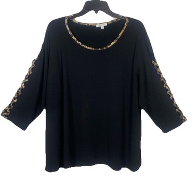 89th & Madison Women 2XL Black w/Leopard Trim Top Scoop Neck 3/4 Lattice Sleeves