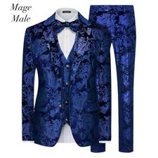 Mage Male Blue Filigree Bow Tie Velvet Slim Fit 3 Piece Tuxedo Suit NWT Size XL