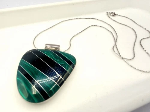 Sterling Silver Malachite Onyx Inlay Pendant Necklace Mexico 925 17 in HS video thumbnail