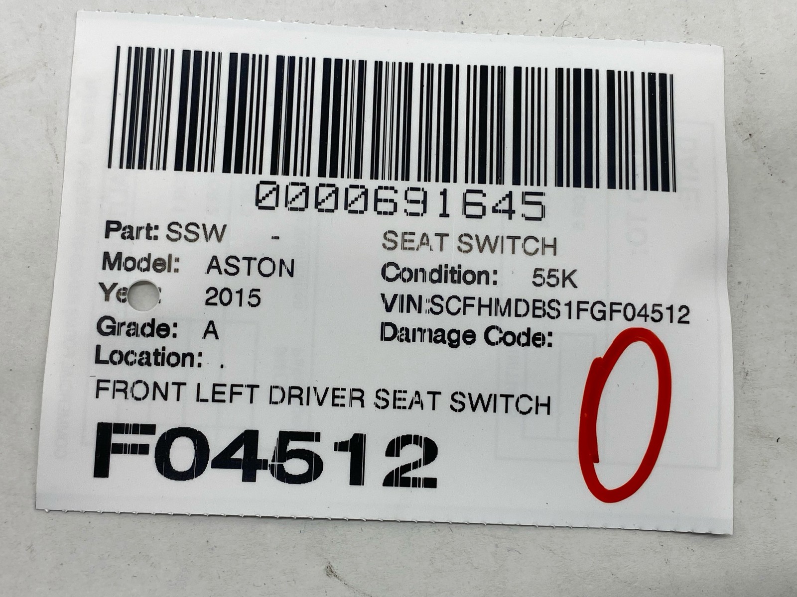 2015 ASTON MARTIN RAPIDE FRONT LEFT DRIVER SEAT SWITCH AD43-14B709-AC OEM