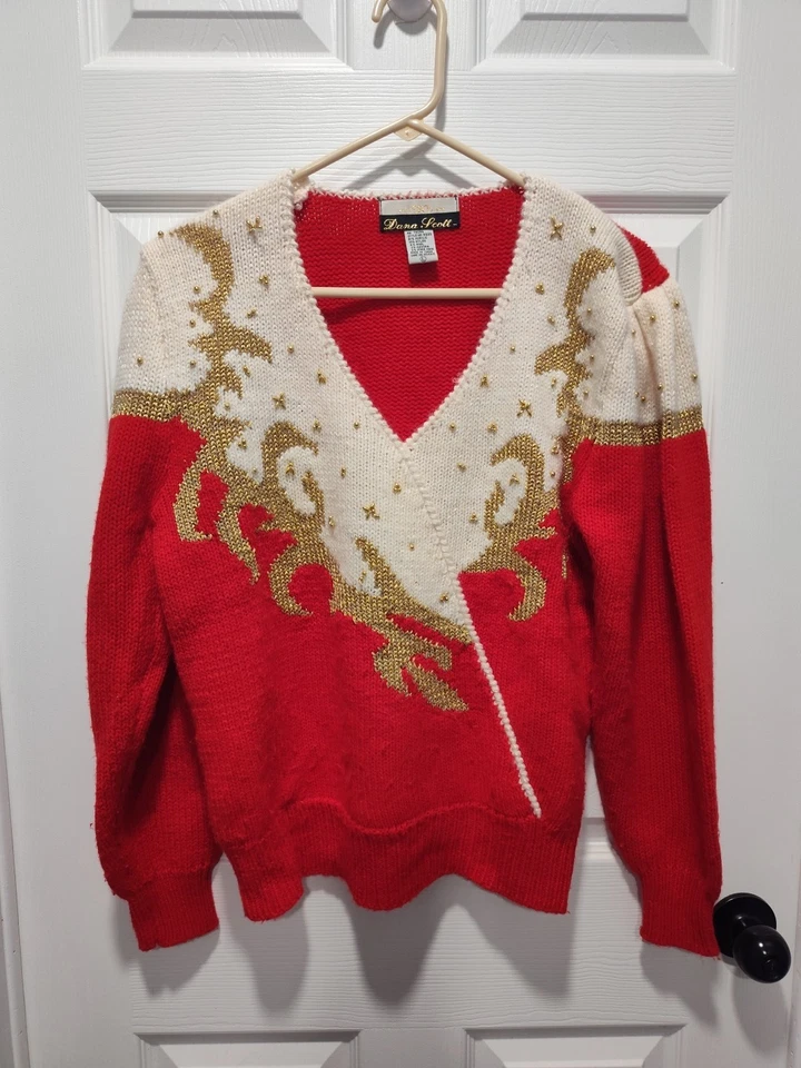 Suéter Vintage Dana Scott Mujer Grande Rojo Dorado Pullover Envolvente Cuello en V Vacaciones Foto 2 de 4