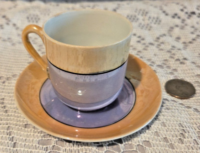 Noritake Japan Blue & Peach Lusterware Demitasse Teacup and Saucer (1921-1939)