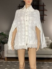 Vintage 60's 70s Knit Button Up Sweater Cape Poncho Fringe Mod Hippie