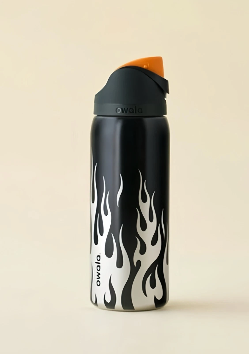 Owala FreeSip 32oz Black Flame Water Bottle Chrome Inferno Style