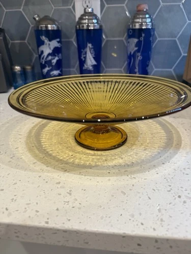 DIamond Adams Rib Amber Large Fruit Comport Compote Footed Bowl Depression Glass