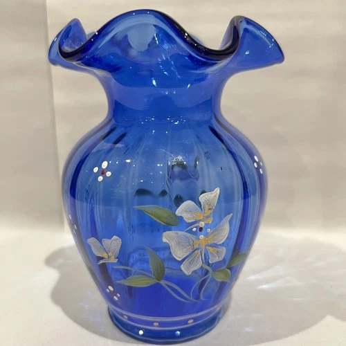 Fenton #8465 Cobalt Blue Ruffled Vase Hand Painted by K. Pickenpaugh 1990s
