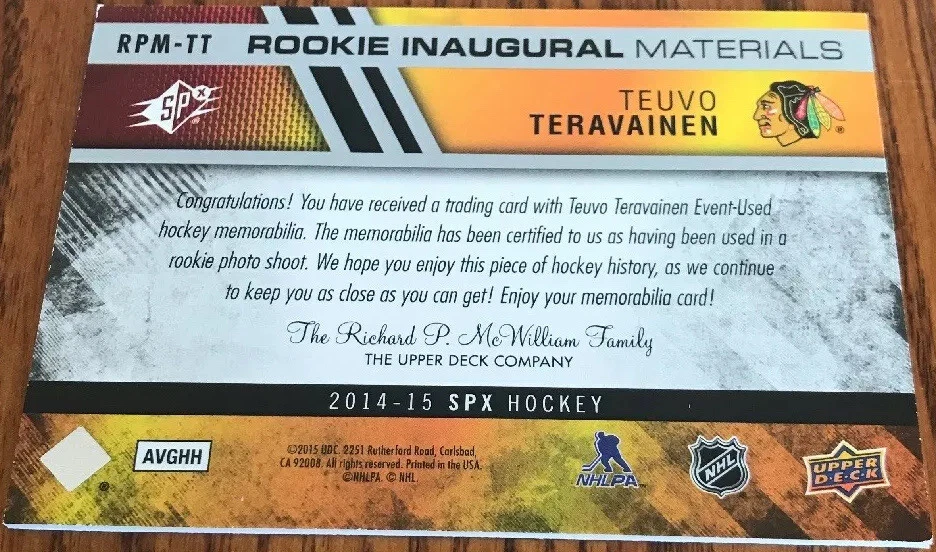 2014-15 SPx Inaugural Rookie Materials Teuvo Teravainen RPM-TT - Image 2 of 2