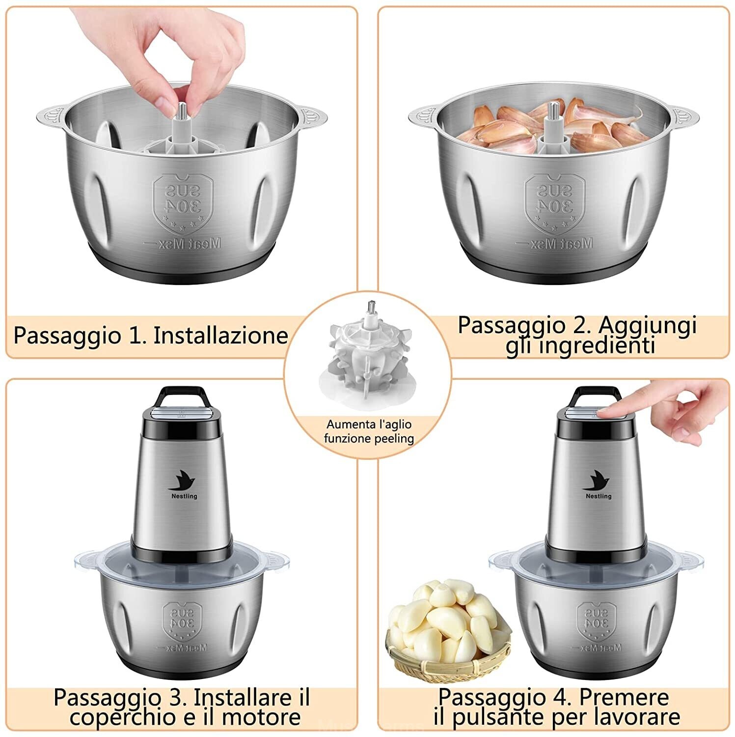 Frullatore Tritatutto da Cucina Elettrico Mixer Ciotola in Acciaio Inox Robot foto 4