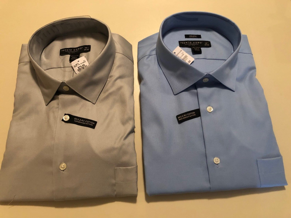 2 ply cotton dress shirt Pronto Uomo Men's 80's 2-Ply Cotton Dress Shirt Slim Fit Blue Size 18 1/2  34/35