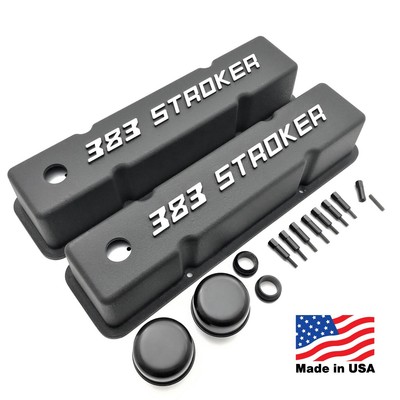 SB Chevy Valve Covers 383 Stroker Logo 58-86 SBC 283 305 327 350 383 400 V8 BLK