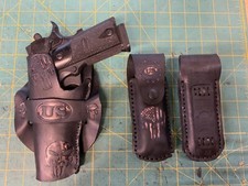 Handmade Leather LEFT HAND Holster 2 mag pouches 1911 Punisher Carving