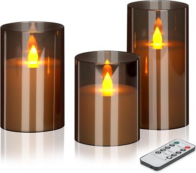Set of 3 Gray Flameless Candles - Flickering LED with Remote & Timer Decor