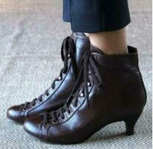 Botines de tacón bajo de gatito victoriano retro con cordones para mujeres damas zapatos formales - Imagen 11 de 21
