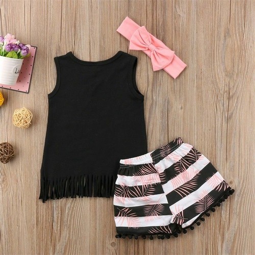 Toddler Baby Girls Sleeveless Tassel Tops Striped Shorts Headband Outfit Clothes - Picture 5 of 8
