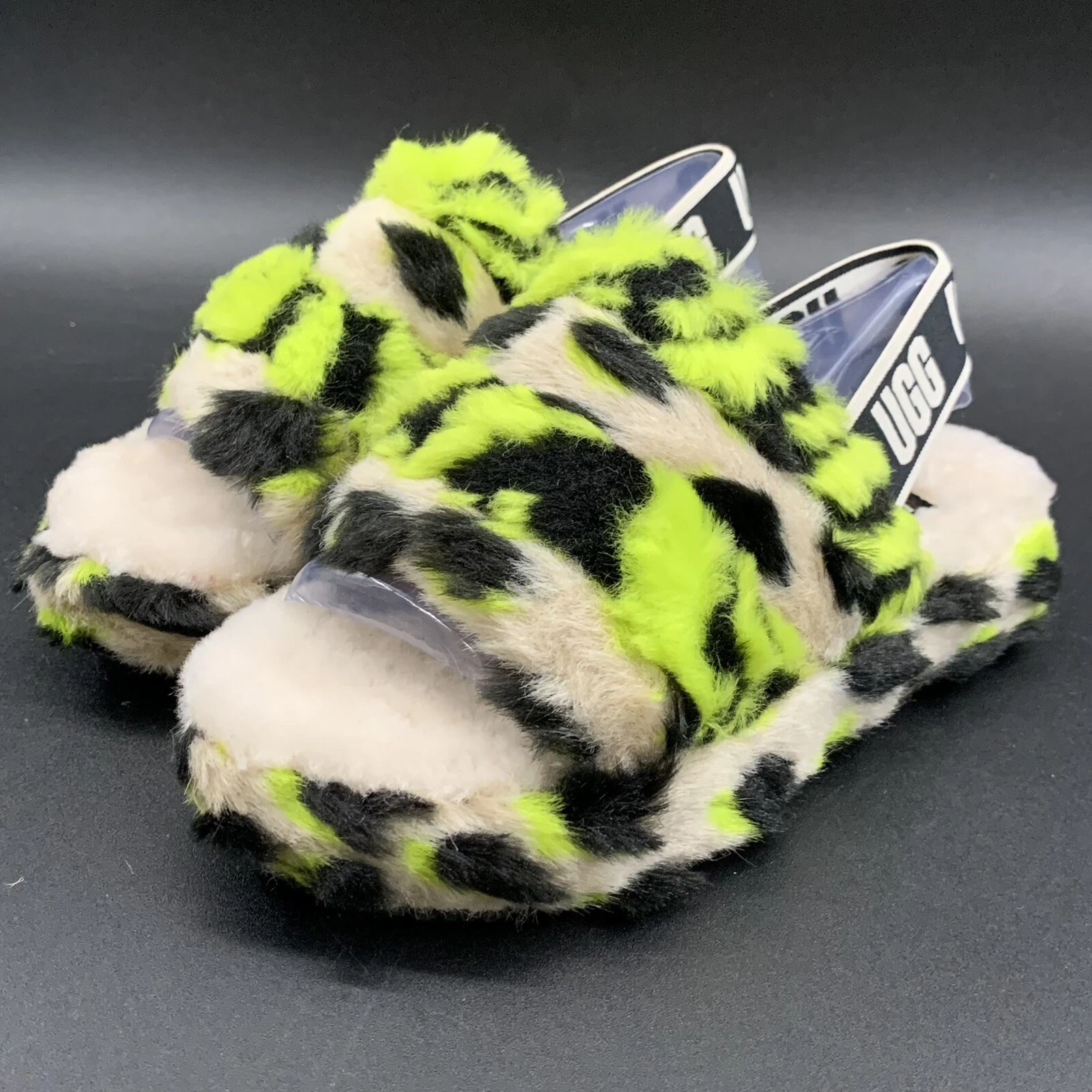 SANDALO PANTOFOLA SLINGBACK UGG KIDS FLUFF YEAH ANIMALIA TAGLIA 13K K CHIAVE LIME JAGUAR