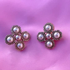 Vintage Gold Tone Faux 5 Two Tone Pink Pearl Pierced Earrings