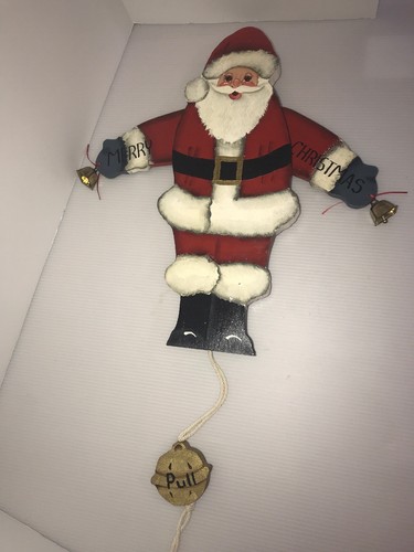 Santa Claus Christmas Movable Pull Bell String Decor Wooden 14” Long Vintage