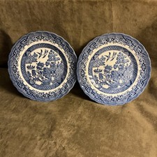 Churchill Porcelain Made Columbia Blue Willow Ware Scalloped Edge Plate Pair Sm.