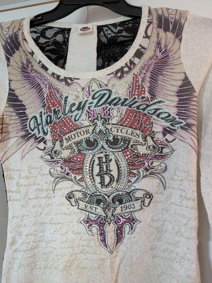 Harley Davidson Cristales Alas Damas BLING & LACE Manga Larga Grande Beige  Foto 2 de 4