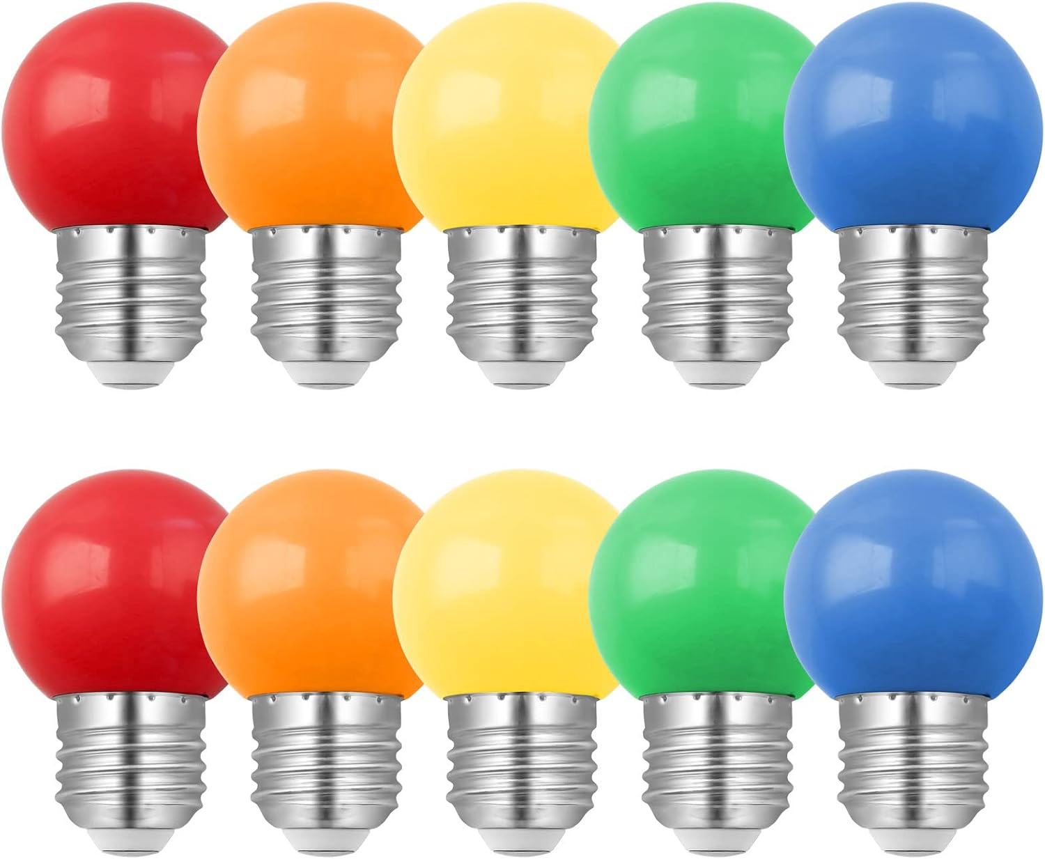10 Pack E27 Coloured LED Bulbs, 1W G45 Colours Bulbs, Golf Ball E27 Screw, Mixed