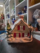 NEW Blue Sky Clayworks Christmas SNOWY COTTAGE Tea Light Candle House 