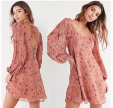 Urban Outfitters Pink Floral Square Neck Balloon Sleeve Open Back Mini Dress 0