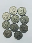 1950’S & 1960’S Franklin Half Dollars US 90% Silver  10 Coin Lot  7 W  Mint Mark