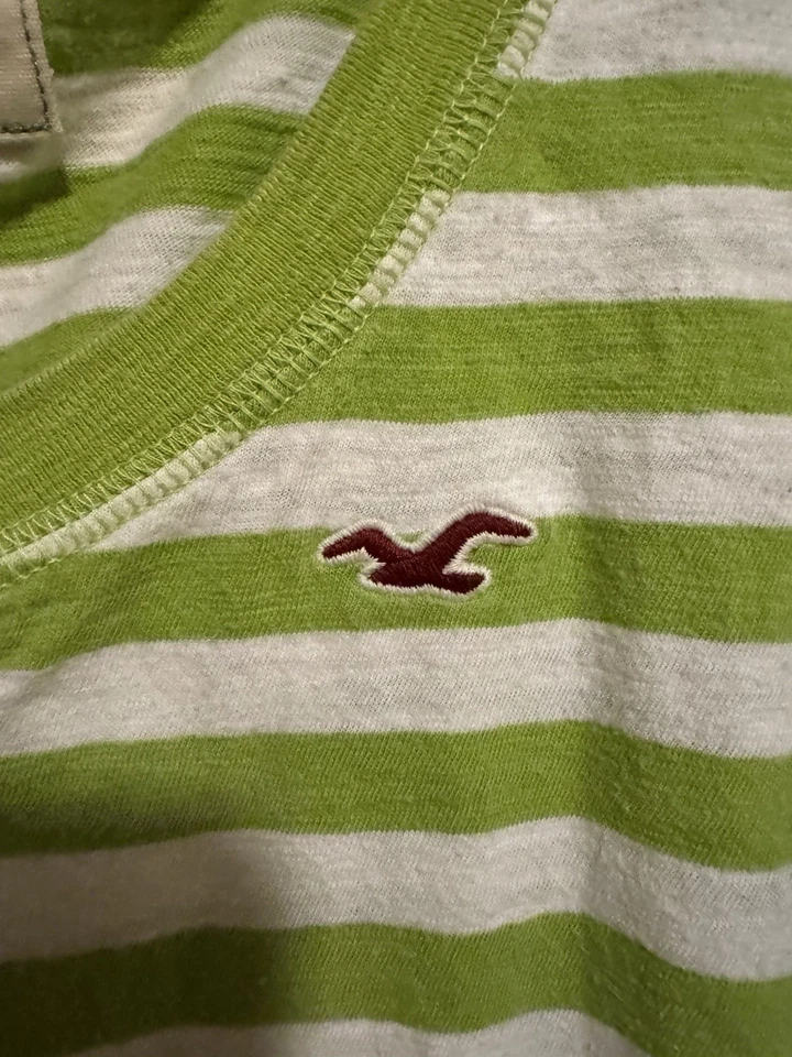 VTG Y2K Hollister California Striped Henley Tee 3/4 Sleeve Green White Women’s L - Image 4 of 4