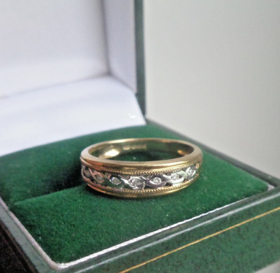 Gold Diamant Keltischer Ring 9 kt Gelb & Weißgold HM um 1990 Sheffield Größe P bis Q