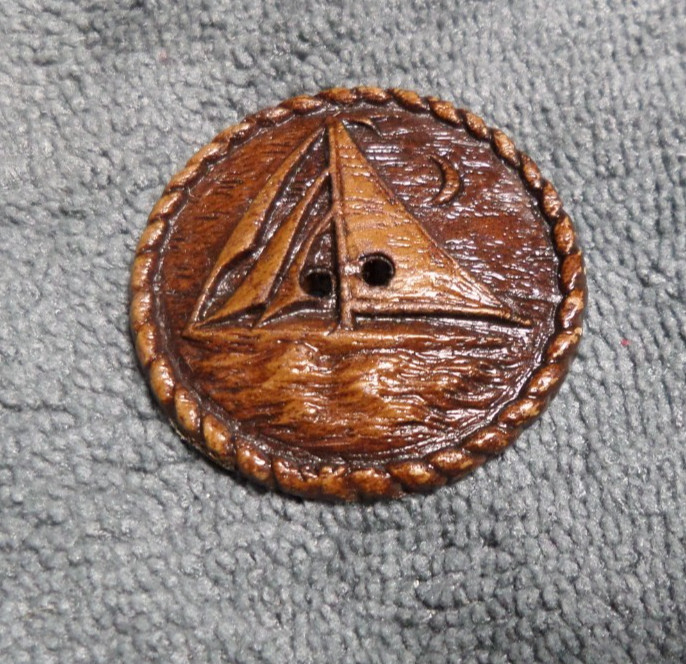 Vintage Burwood Carved Wood Picture Button SAILBOAT 1-7/16"