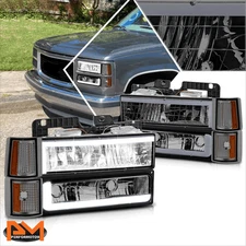 For 94-00 GMC C/K Pickup Suburban Yukon C-Shape LED DRL Headlights Smoked/Amber