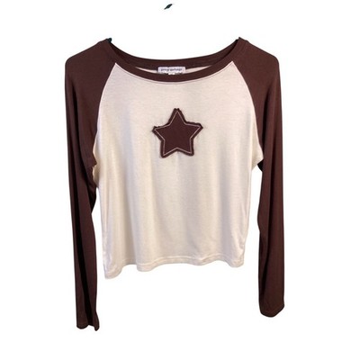 Pretty Garbage Brown Cream Star Raglan Long Sleeve Top PCT284 Womens Medium