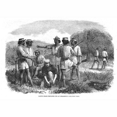 AUSTRALIEN Ureinwohner Polizisten bereiten sich auf eine Verlobung vor - antiker Druck 1863