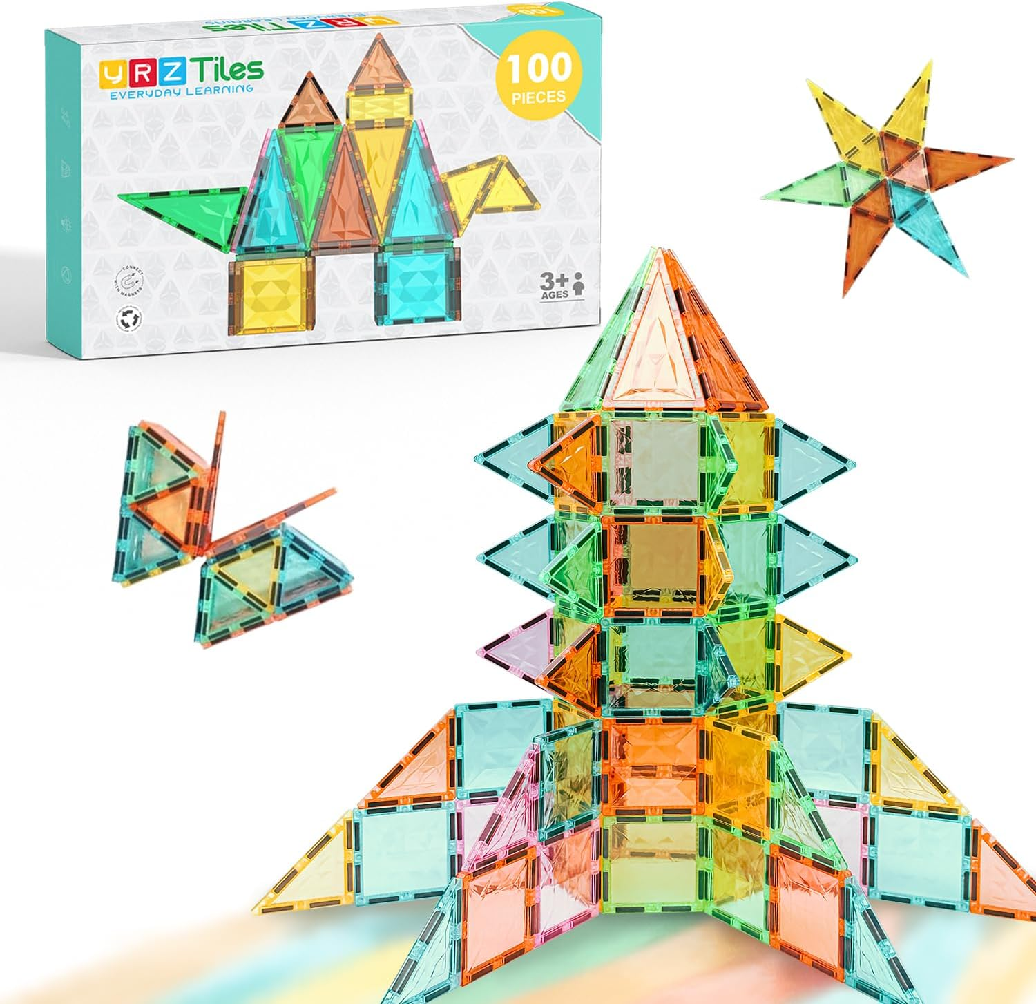 Magnetic Tiles 100-Piece Set for Kids, Magnetic Building Blocks STEM Toys for Ag