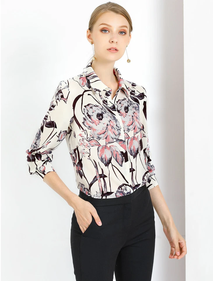 Blusa Camisa Para Mujer Allegra K Floral Con Botones Mangas Largas Foto 3 de 4