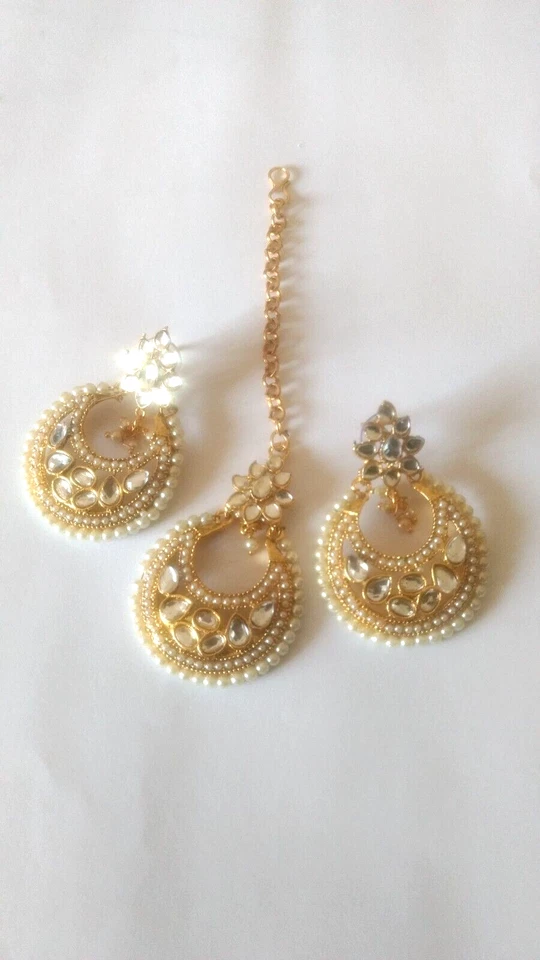 Nuevos Pendientes de Moda Maang Tikka Kundan Chapados en Oro Boda Bollywood Joyería Foto 2 de 3