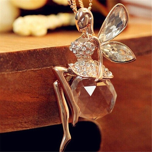 Angel Wing Crystal Ballet Dancer Fairy Pendant Chain Necklace Women Gril Jewelry