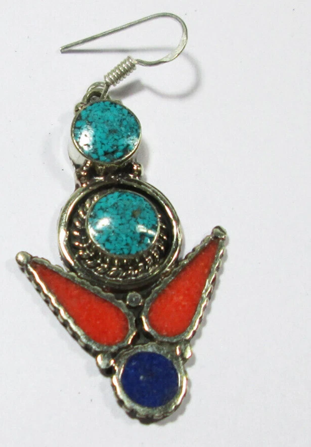 Pendientes Étnicos Tradicionales Coral Natural Turquesa Lapislázuli Pendientes Coloridos Foto 3 de 4