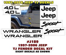 QJ-J189 JEEP 1997-2006 WRANGLER TJ - FENDER DECAL KIT - LICENSED - 8 PIECES