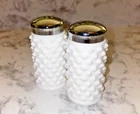 Vintage Fenton White Milk Glass Hobnail Salt & Pepper Shaker Set w/ Chrome Lids
