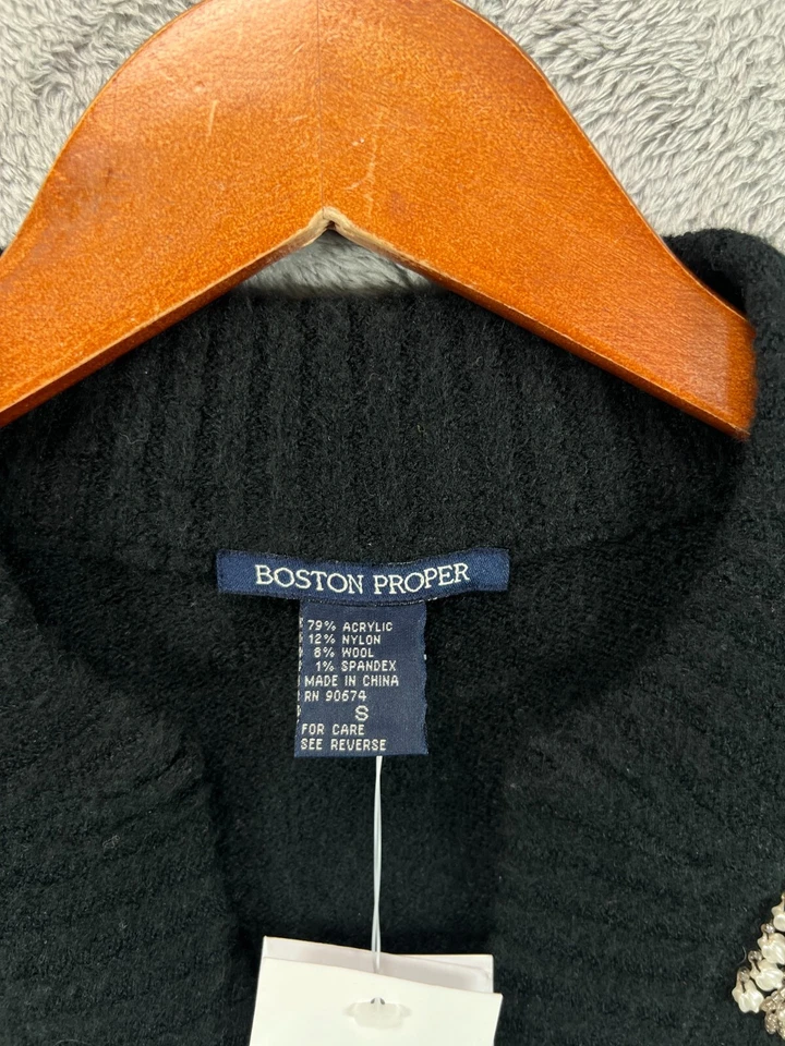 Boston Proper Pearl Cardigan Womens Small Sweater Black Wool Blend Beaded NWT - Image 3 of 4