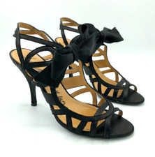 LANVIN Black Satin Strappy Stiletto 90 Sandals w/ Grosgrain Ribbon Bow EU39